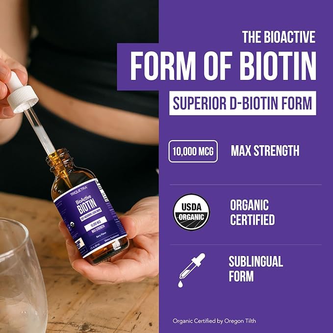 Triquetra Health Biotin Hair Support for Women – Organic 10000mcg USP Grade – Premium Liquid Supplement for High Absorption – Supports Healthy Hair, Skin & Nails – Berry Flavor – 180 Servings – 2 oz