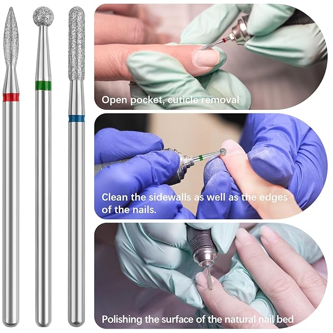 Cuticle Drill Bit,Cuticle Drill Bits for nails 3pcs Diamond Nail Drill Bits for 3/32''Electric Nail File Machine Pedicure Tool