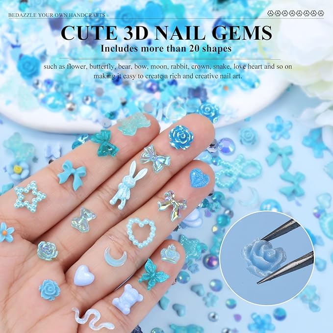 100 Pieces 3D Resin Butterfly Bear Nail Charms Rose Flower Peach Skirt Bow Deer Snake Rabbit Animal Shaped Nail Art Rhinestones Pearls for DIY Nail Art Decoration Making Craft (Blue)