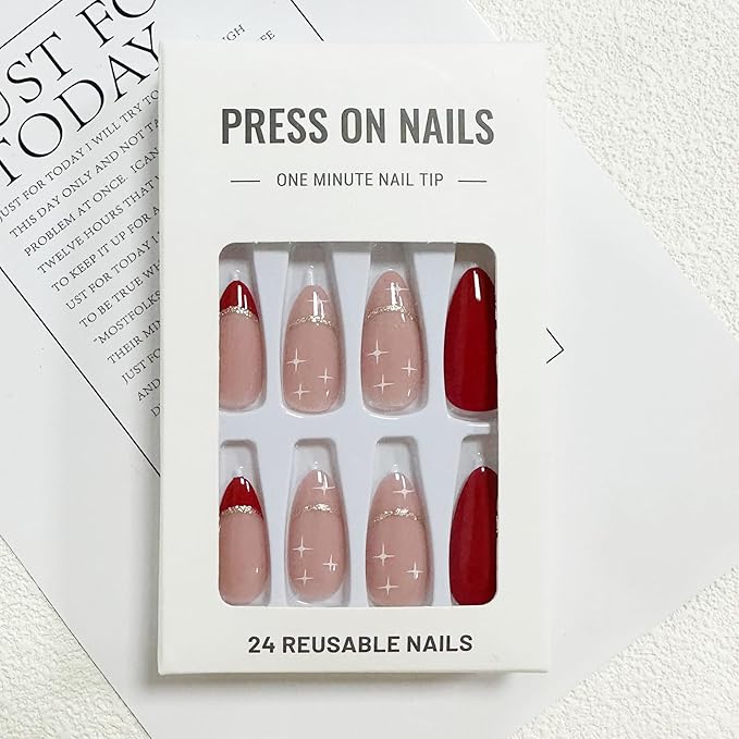 Red Press on Nails - Medium Almond Fake Nails - French Tip False Nails Press ons - Christmas Glossy Full Cover Glue on Nails - Acrylic Artificial Stick on Nail for Women Manicure 24Pcs