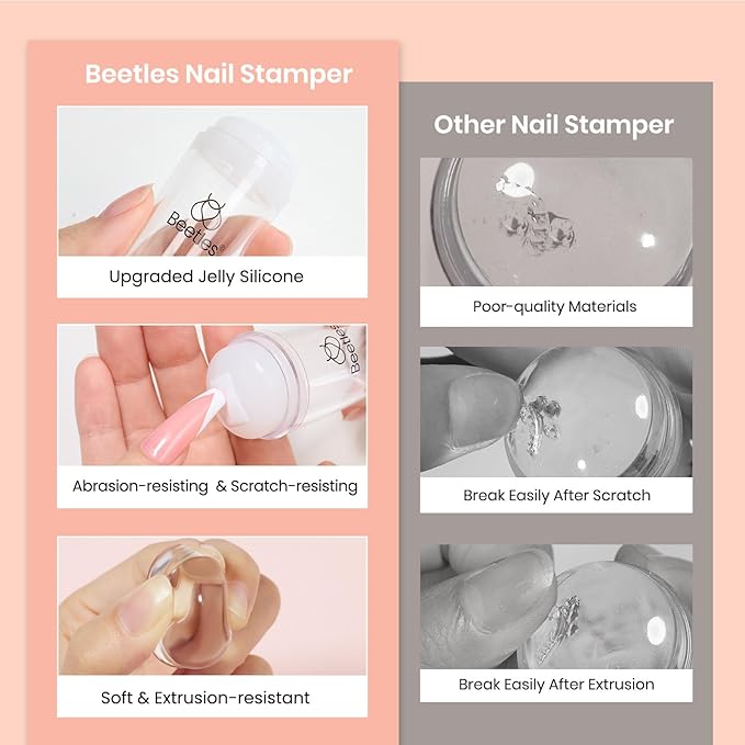 Beetles French Tip Nail Stamp Tool 4Pcs Short Clear Silicone Nails Stamping and Long French Tip Stamper with Nail Scraper Art Tips Printing Stamper Tool Set for Manicure Home DIY Salon
