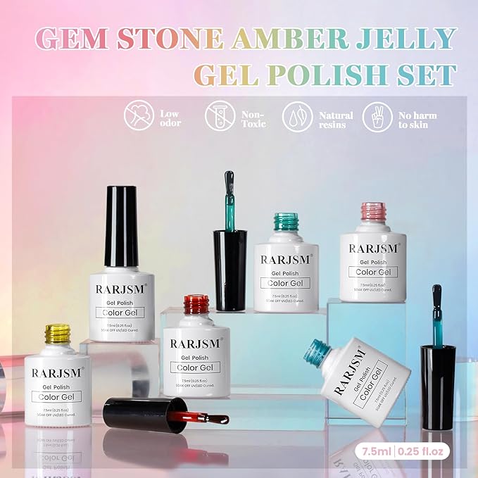 RARJSM Amber Jelly Gel Nail Polish Set 6pcs Clear Glazed Stained Glass Rose Pink Red Blue Green Yellow Series Crystal Transparent Sheer Gelpolish Curing Requires Soak off Home Salon Manicure