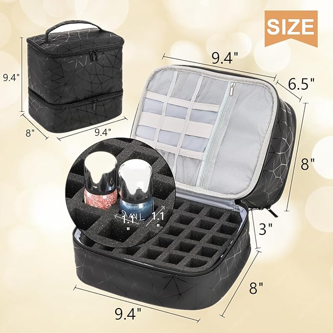 ZOOFOX Nail Polish Organizer Case, Double-Layer Nail Polish Carrying Bag with Handle, PU Leather Nail Organizers and Storage Bag for Manicure Accessories