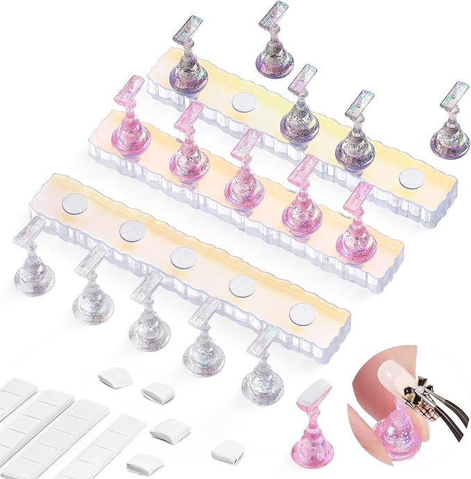 Etercycle 2 Set Nail Holder for Display Painting Nails - Aurora Acrylic Magnetic Practice Nail Stand Set - Fake Nail Holder for Press On Nails with Reusable Adhesive Putty (Pink+Black+Clear)