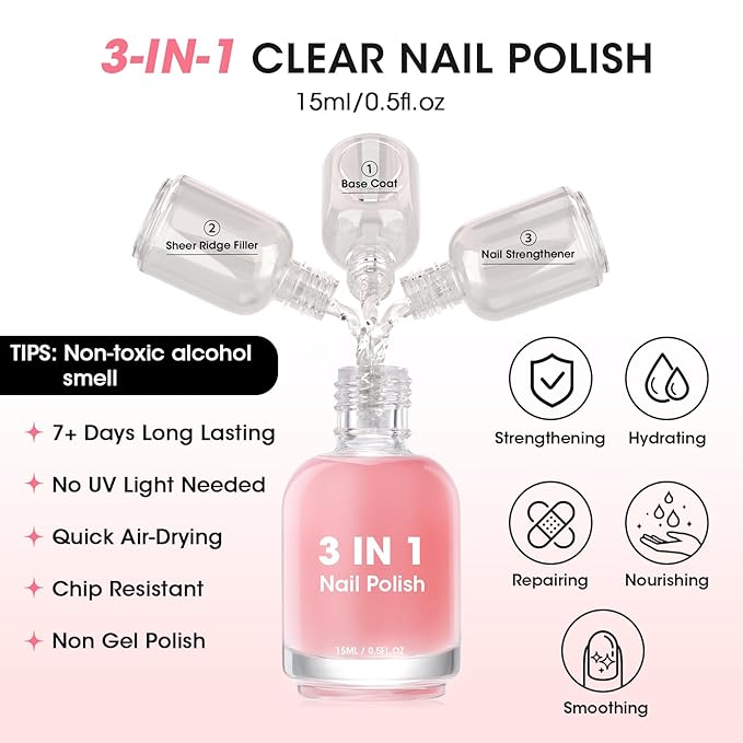 GELLEN Clear Nail Polish Ridge Filling Base Coat, Sheer Milky Pink Tint Ridge Filler For Nails | Hydrate Fortify Repair Damaged Dry Finger Nails | Shea Butter, Vit E, Protein | Toxin HEMA TPO Free