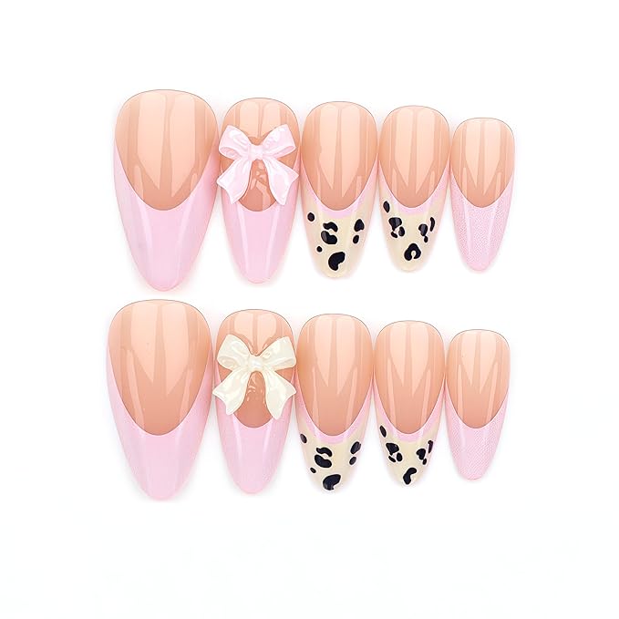 24pcs Leopard Print French Tip Pres on Nails Medium Almond Fake Nails 3D Resin Bow Charm Designs False Nails Pink French Full Cover Acrylic Stick on Nail Glossy Reusable Artificial Nail for Women