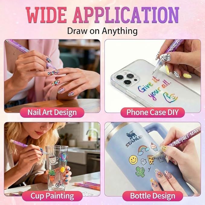 12 Colors Nail Art Pens & Nail Markers Set, 0.5mm Ultra-Fine Tip Acrylic Paint for Nail Painting & DIY Manicure, Water-Based Quick Dry Design Tools, Easy for Everyone, Easter Basket Stuffers (12PCS)