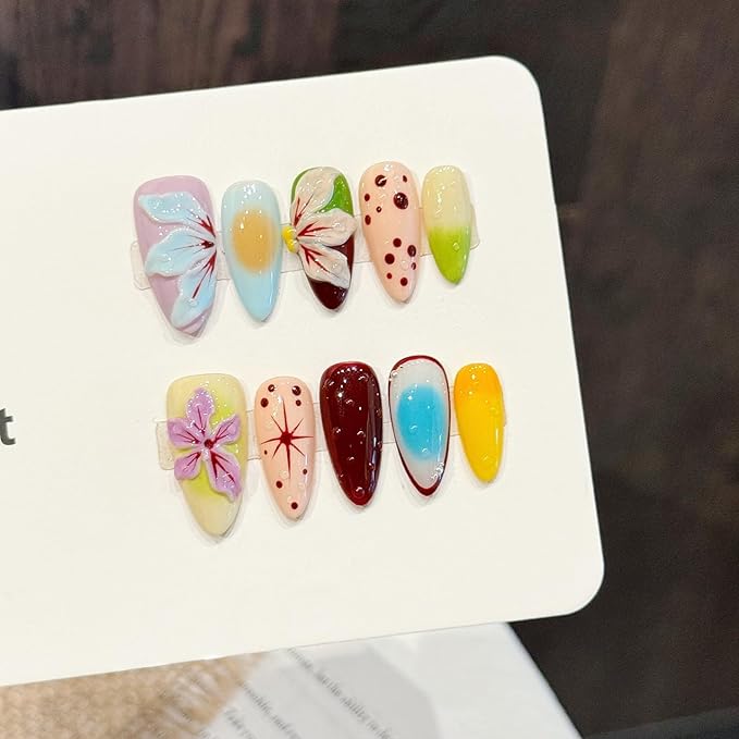 3D handmade Gel nails press on false nails Almond hand-painted gentle cute colorful beauty stereoscopic acrylic Reusable fake nails designed kit,10 Nails, Size S #3333