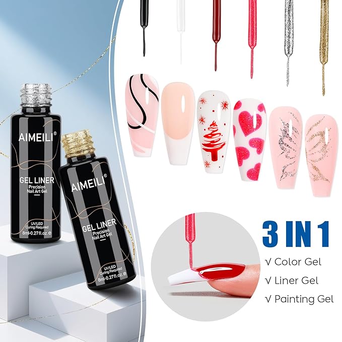 AIMEILI Gel Polish Nail Art Liner, Hema Free, Cruelty Free, Vegan, 6 Colors Black White Red Pink Gold Silver Design Paint for French Chrome Manicure DIY