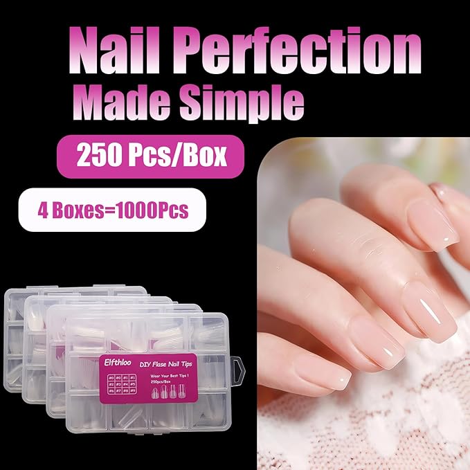 1000PCS Clear Acrylic Fake Nail Tips, 4 Shapes 10 Sizes - Half Matte Full Cover for DIY Manicure, Salon & Beginners - Short Almond Rectangle Medium Coffin Oval Pre-Shaped Extensions