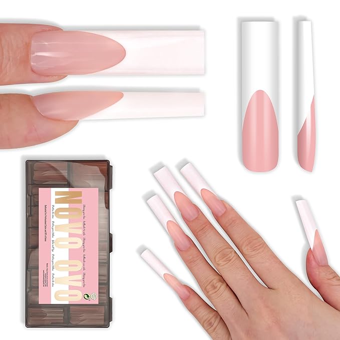 NOVO OVO XXL Sharp Square Nail Tips Pre-Designed White French Tip - 150Pcs Soft Gel Nail Tips Baby Pink Base, Full Cover False Nails 15 Sizes for DIY Acrylic Extension & Salon Supply (No C Curve Fit)