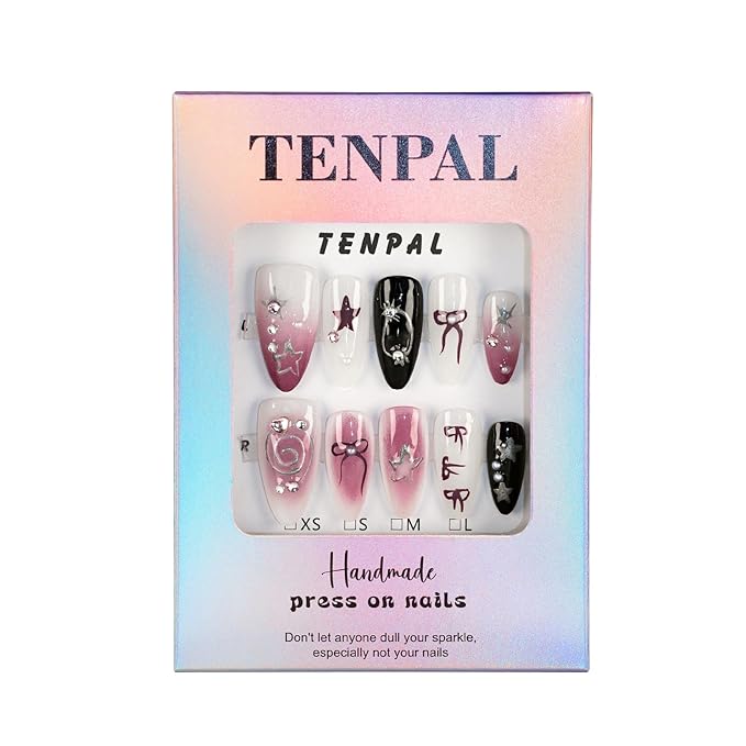 Hot Pink Press On Nails Almond Glitter Gradient White Black Almond Press on Nails Acrylic False Nails With Star Bow Designs 10pcs/Box Ballet Fake Nails Glue On For Women Girls(S)