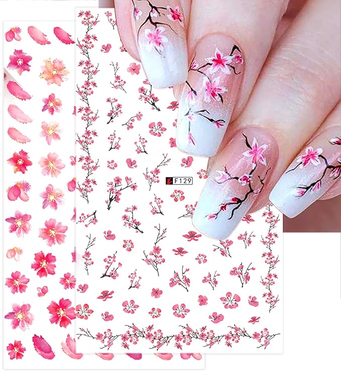 Cherry Blossom Nail Stickers, 3D Pink Flowers Nail Self-Adhesive Sticker Designs, Spring Red Plum Peach Leaf Dry Floral Nail Decals Supplies for Women DIY Manicure Flower Nail Decorations