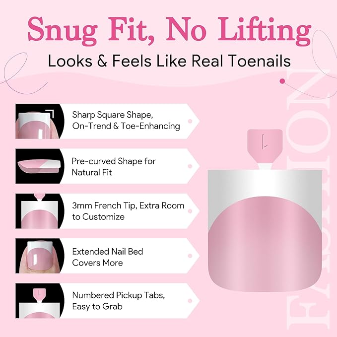 Toe Nails Press On French Tips for Women, 15 Sizes 150 Pcs Sharp Square Pre-applied Primer & Base Coat Toenail Press Ons Baby Pink Full Cover Fake Tips Extension, Builder Nail Gel & Top Coat Required