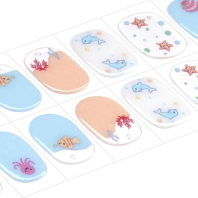 DANNI & TONI Kids Gel Nail Strips Ocean Dolphin Starfish Seashell Salon-Quality Peel & Stick Manicure for Children (Age 6+)– Safe, Long-Lasting, Easy to Apply | Ocean Spark