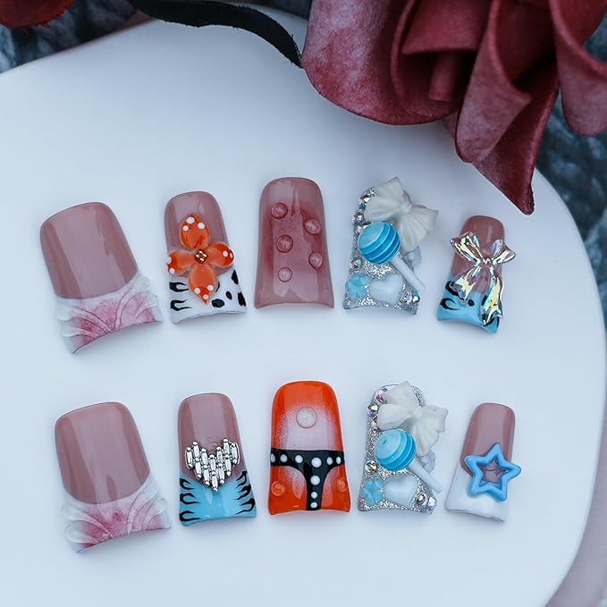 Duck Handmade Press on Nails 3D Bow Candy Heart Nails Charms Design - Flower French Tip Short False Nails Multicolor Thick Acrylic Artificial Stick On Nails (Sweet Dream Candy Pops,S)