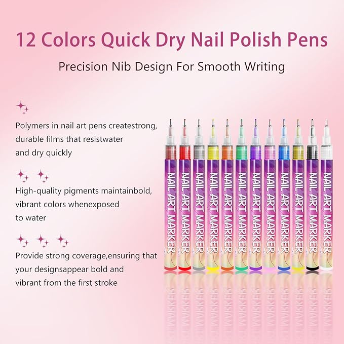 Nail Art Pens Set,12 Color 3D Quick-Dry 0.5MM Nail Polish Pens,Acrylic Nail Paint Markers Kit,DIY Graffiti Dotting Liner Pen for Manicure Home Salon Beginners