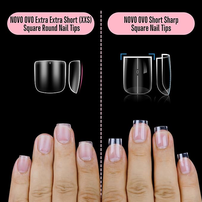 NOVO OVO Extra Short XS XXS Square Round Nail Tips for Wide and Short Nail Beds, Thick Full Cover False Nails Press on for Men Women, Soft Gel for Acrylic Fake Nails Extension kit, 16 Sizes x 320pcs