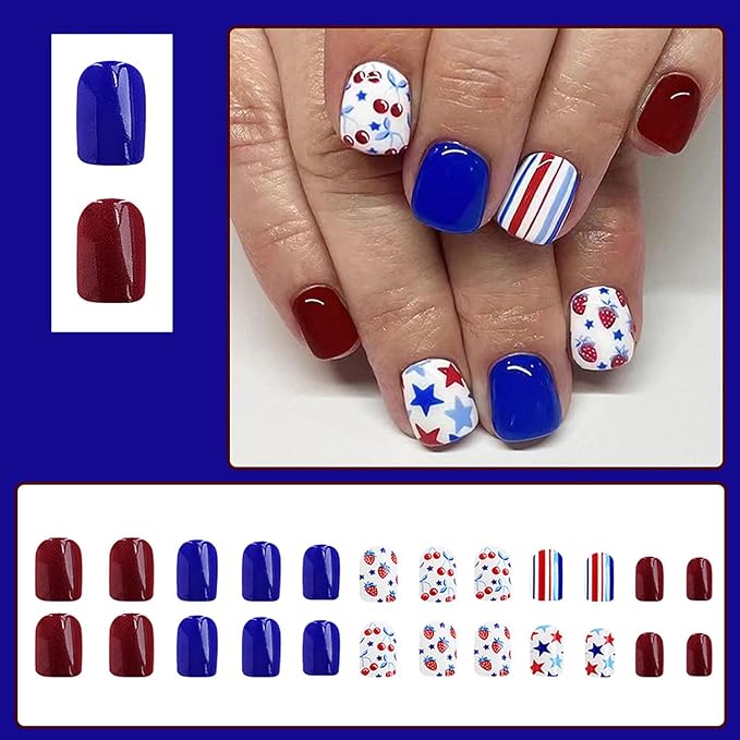 4th of July Press on Nails Short Square Fake Nails with America Flag Design Patriotic Pattern False Nails Strawberry Cherry Stick on Nails Glossy Acrylic Press on Nails for Independence Day 24Pcs
