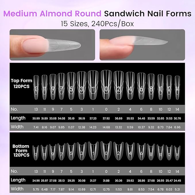 Sandwich Dual Nail Forms: 240PCS Nail Forms for Builder Gel, 15 Sizes Almond Round Shape for Women Salon Home DIY