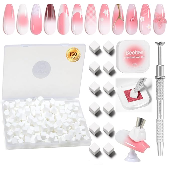 Beetles 150Pcs Soft Nail Sponges for Ombre, White Nail Sponge with Grabbing Pen, Pink Pat Painting Gel Polish Kit for Gradient Ombre Blush Chrome Design Nails Art Tools, Home DIY Salon Manicure