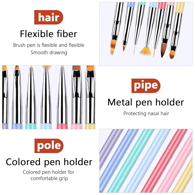 SILPECWEE 7pcs Acrylic Nail Art Brush Set Nail Polish Brushes Nail Design Tools with Extension Gel Brush Polish Brush Carved Brush Nail Art Liner Brushes Manicure Brush Nail Art Tools