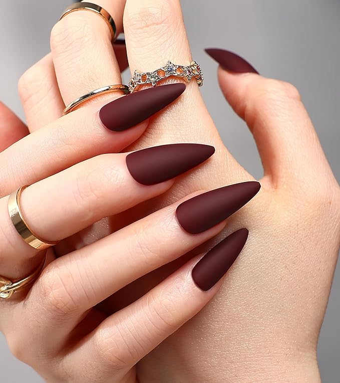 Morily 24pcs Fake Nails Matte Pure Color Medium Long Stiletto Almond Press on Nail False Tips Artificial Finger Manicure for Women (Wine Red)