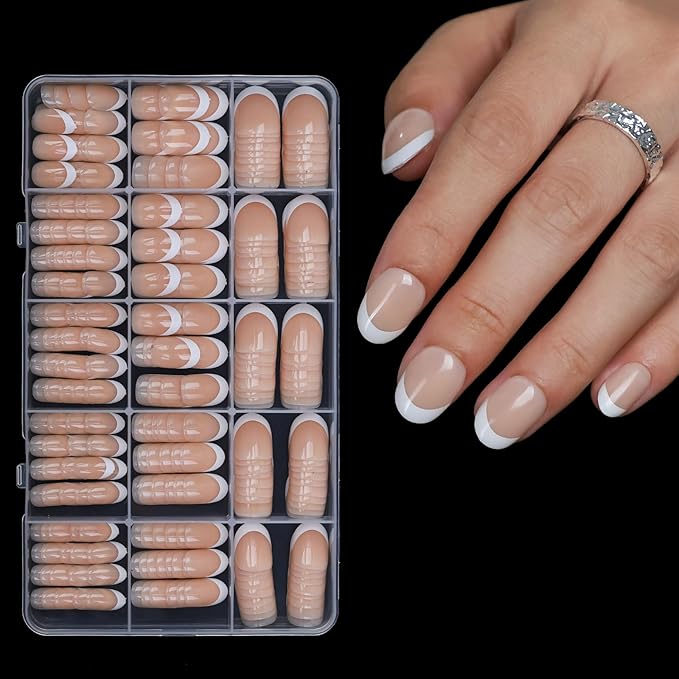 Anyos French Tip Press On Nails-300Pcs Short Oval French Gel Nail Tips Short,No File Need Tips Pre-Designed,Fake Nails for Nail Art DIY 15Sizes(Brown)
