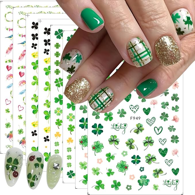 Green Shamrock Nail Art Stickers Decals 3D Self Adhesive St. Patrick's Day Nail Stickers Lucky Clover Design Spring Nail Decals Cute Heart Nail Supplies Shamrock Decoration for Women Manicure 8Pcs