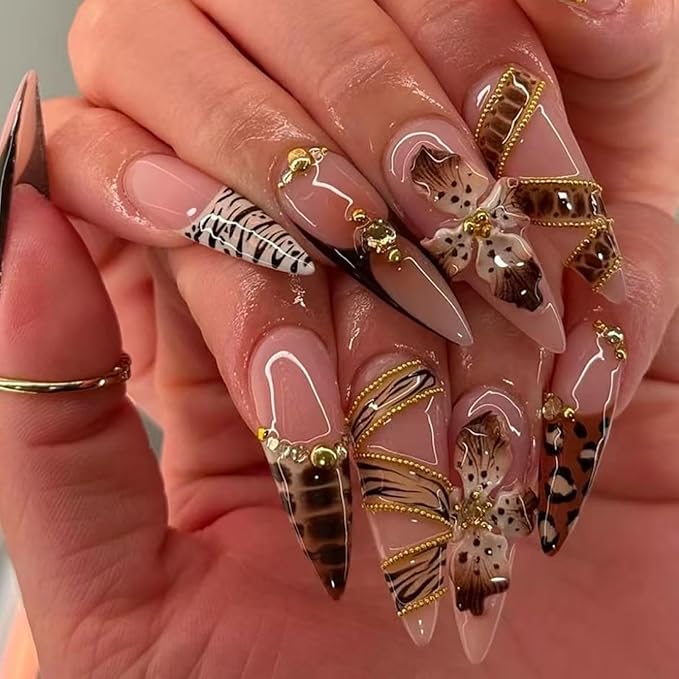 Press on Nails Fall Leopard French tips Fake Nails Long Stiletto False Nails with Gold Rhinestones Design Flower Glue on Nail Brown Stick on Nail Reusable Fall Nails for Women Girls Manicure