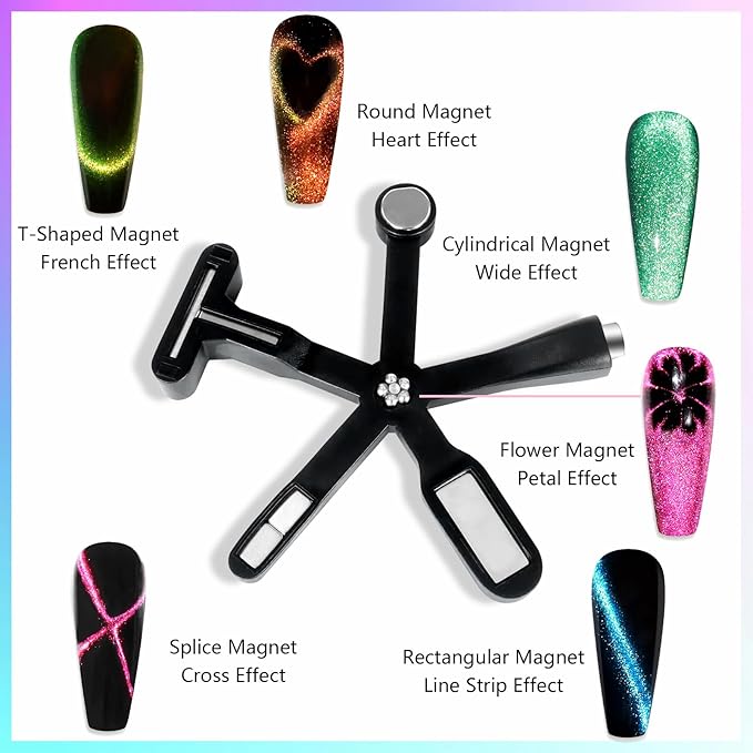 Laza Nail Magnet Set, Super Strong 6-in-1 Cat Eye Magnet for Nails, Nail Magnet Tool for Velvet Gel Polish, Magnetic Nail Polish Wands for 9D Galaxy Cat Eye Nail Art Design