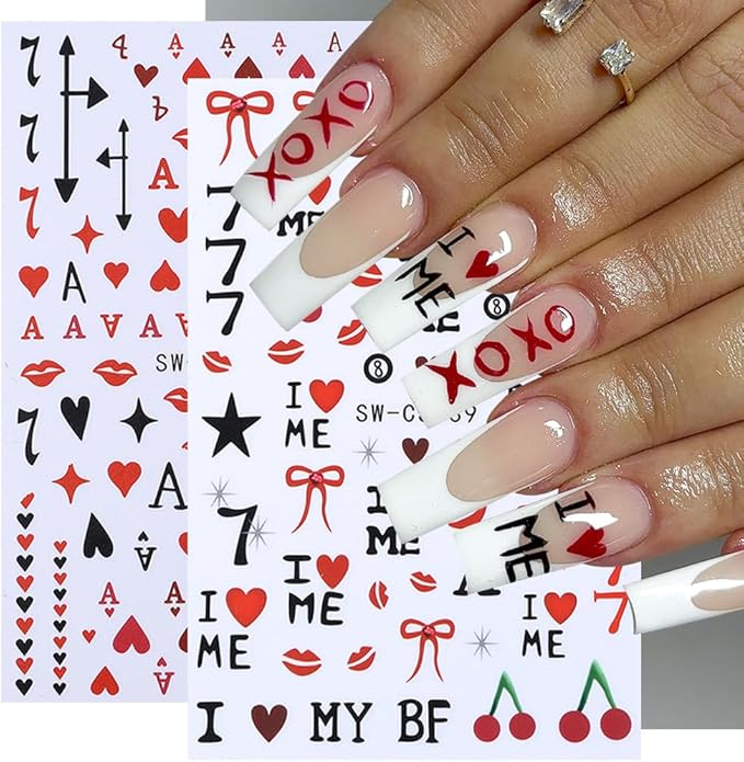 Valentines Nail Art Stickers Decals 12PCS Romantic Heart Bow Nail Decals 3D Self Adhesive Red Pink Colorful Cherry Lips Line Nail Art Design Valentine Manicure Decoration Sticker for Women