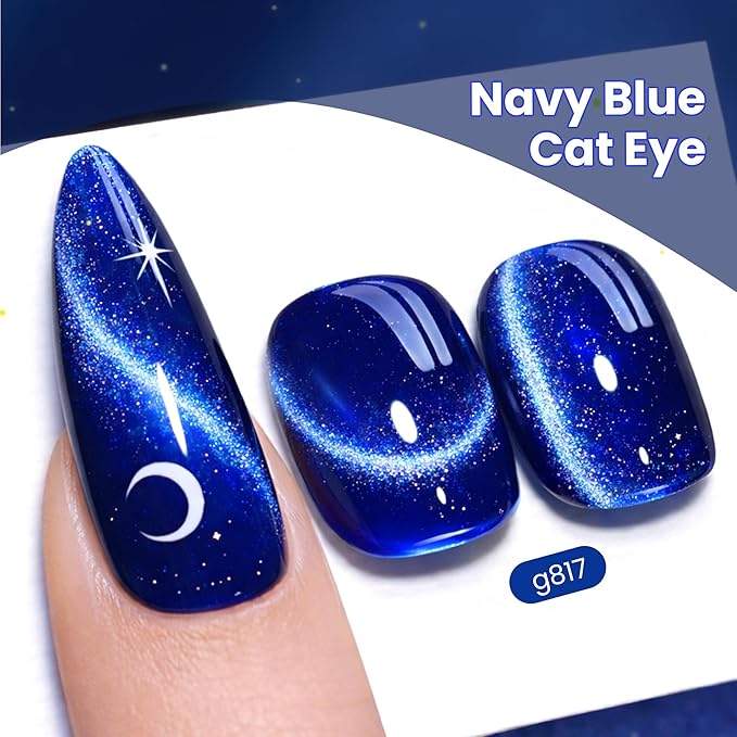 beetles Gel Polish Navy Blue Cat Eye Gel Nail Polish - 15ML Blue Cat Eye Glitter Gel Polish Magnetic Shimmer Effect Soak Off UV French Nail Art Design Salon DIY Manicure Gift for Women