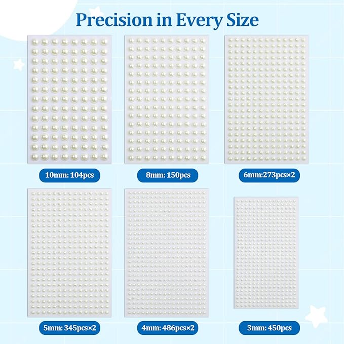 2912 pcs Self Adhesive Pearl Gems for Crafts Flat Back Pearl Stickers for Nails, Face, Body, Hair 6 Sizes (3-10mm) for DIY Art, Wedding Makeup, Scrapbooking
