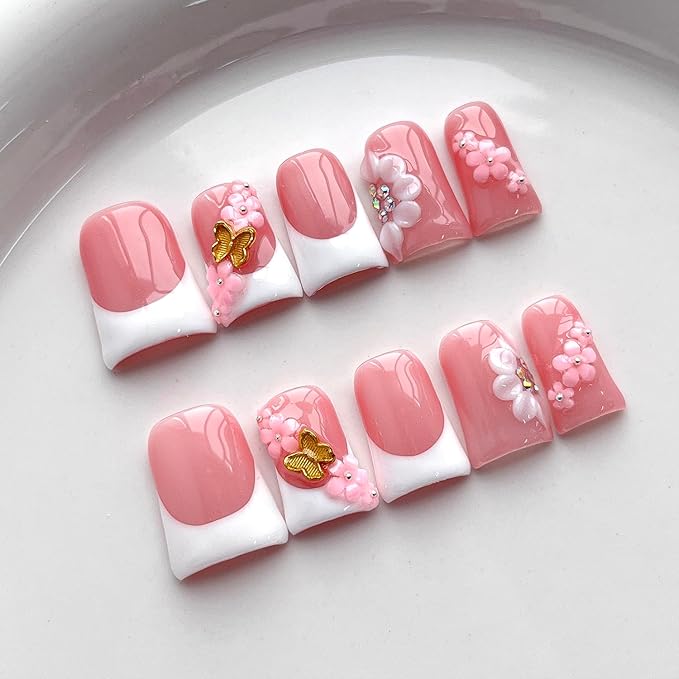French Tip Press on Nails Handmade Short Duck 3D Floral Thick Acrylic Nails White False Nails with Flower Butterfly Designs Elegant Glossy Fake Nail Sturdy Art Wedding Press on Nail 10Pcs(M)