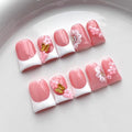 French Tip Press on Nails Handmade Short Duck 3D Floral Thick Acrylic Nails White False Nails with Flower Butterfly Designs Elegant Glossy Fake Nail Sturdy Art Wedding Press on Nail 10Pcs(S)