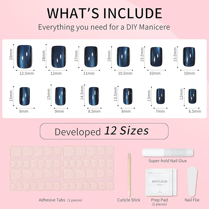Navy Blue Cat Eyes Press On Nails,12 Sizes - 24 Pcs Soft Gel Navy Blue Medium Square Fake Nails Kit with Nail Glue, Natural Reusable Stick On False Nails for Women and Girls (Skycloud Nails) SK0928