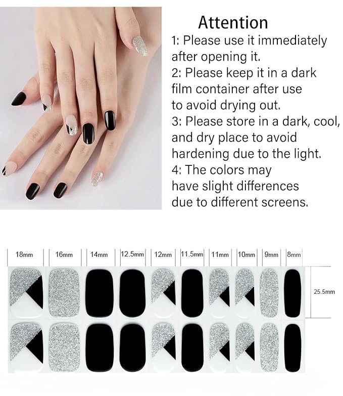 Semi Cured Gel Nail Strips - Black Glitter | 20pcs Gel Wraps UV for Home Nails DIY
