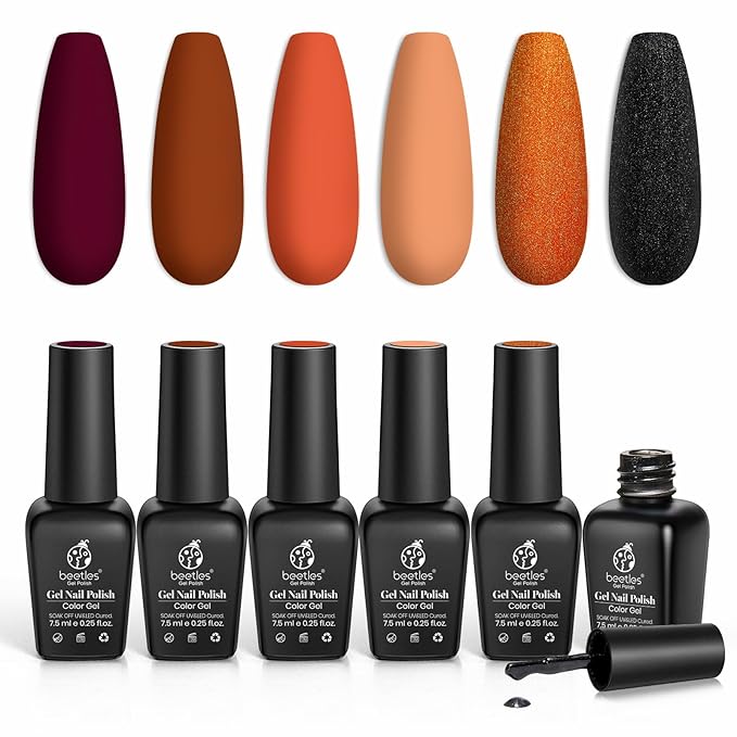 beetles Gel Polish Set - Burnt Orange Gel Polish Autumn Leaves Collection, Brown Burgundy Glitter Black Colors Nail Art Soak Off Uv LED Nail Kit Minicure DIY Home Gifts for Women
