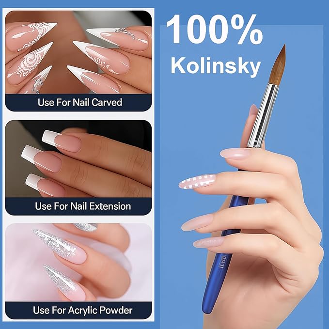 100% Pure Kolinsky Hair Acrylic Nail Art Brushes – Oval Crimped Tip for Acrylic Powder, Gradient Blue Metal Handle, Professional Nail Art Brush for Salon & DIY(#16)