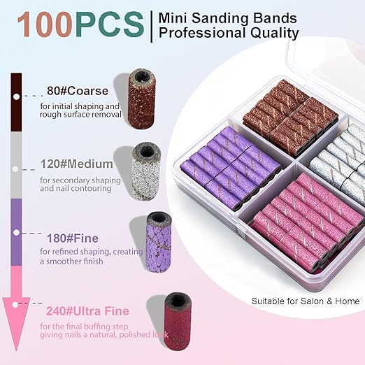 100Pcs Small Sanding Bands for Nail Drill, 80 120 180 240 Grit Mini Nail Sanding Bands with 3mm Mandrel Bit, Professional Nail File Set for Acrylic Gel Nails Manicure Pedicure