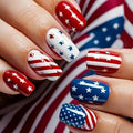 4th of July Press-On Nails Medium Square 24 Pcs Acrylic False Nails with Stars, Red, White Stripes Designs, Glossy Finish