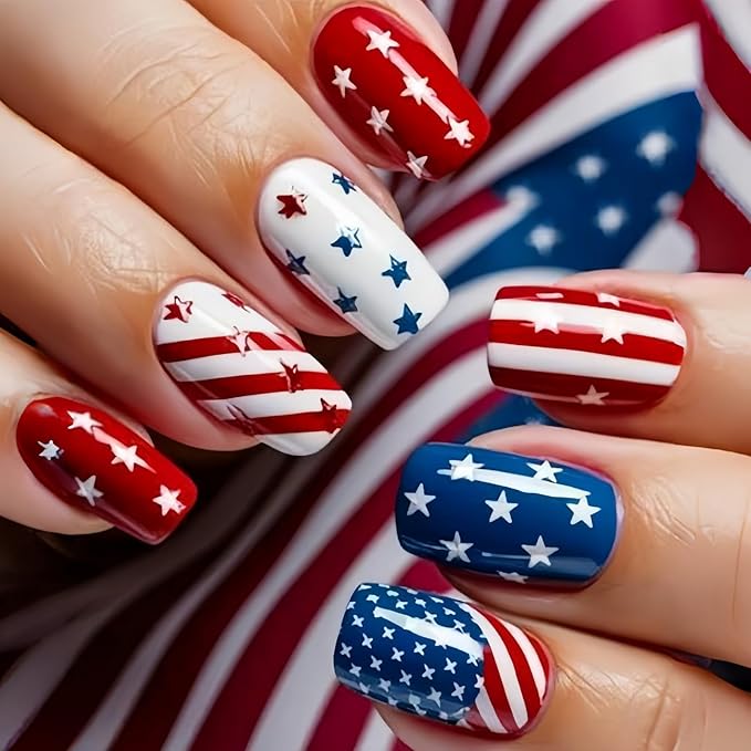 4th of July Press-On Nails Medium Square 24 Pcs Acrylic False Nails with Stars, Red, White Stripes Designs, Glossy Finish