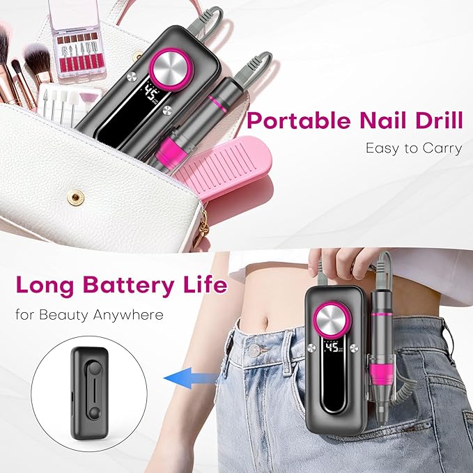 Nail Drill Electric Nail File Kit 45000 RPM Professional Efile Nail Set,Cordless Portable Rechargeable Acrylic Gel Nail Polish Remover Machine Pedicure Manicure Tool for Salon Home Gray