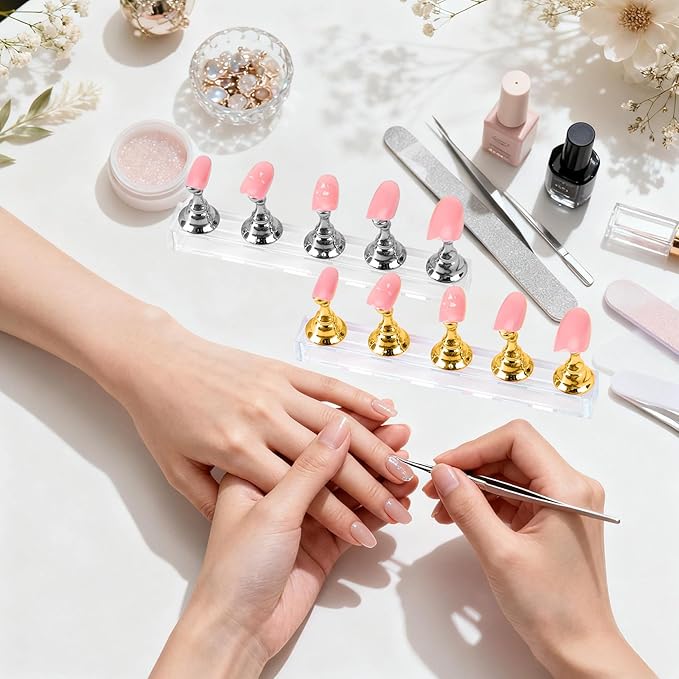 Nail Stand Nail Holder for Painting Nails 2 Sets Press on Nails Stand Display with 96 Pcs Reusable Adhesive Putty Clay Magnetic Acrylic Nailss Art Tools Accessories for DIY Salon Supplies Gold, Silver