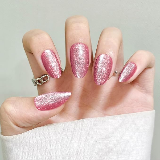 Pink Almond Cat Eyes Press On Nails,12 Sizes - 24 Pcs Soft Gel Pink Medium Fake Nails Kit with Nail Glue, Natural Reusable Stick On False Nails for Women and Girls SK1028