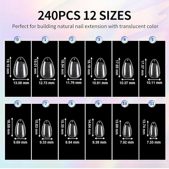 Extra Short Almond Nail Tips - 12 Sizes 240 PCS Pre-Shaped Clear Full Cover Etch Nail Tips Soft Gel Clear Full Cover Nails Tips Acrylic False Nails Press On Nails for Extensions DIY Salon