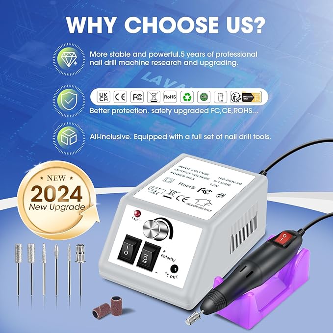 LAVAED Professional Electric Nail Drill Machine Kit - Low Noise Vibration with 156pcs Sanding Bands for Acrylic Nail Drill, Gel Art Remover, Polisher, Manicure, Pedicure