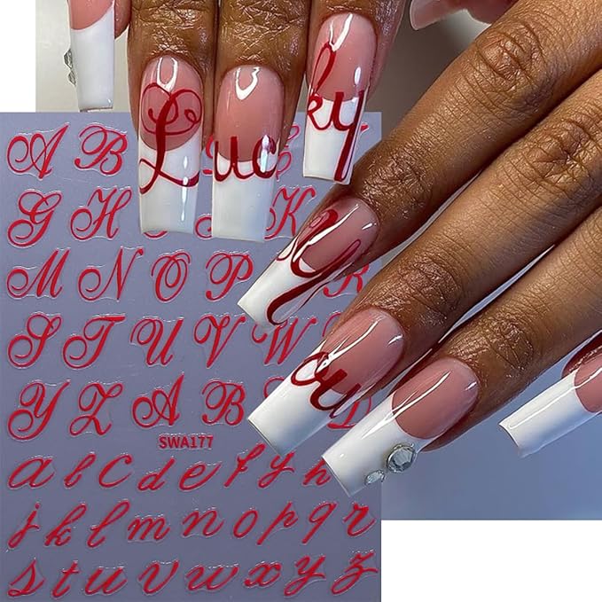 Retro Letters Nail Art Stickers Decals 8 Sheets Old English Letter Nail Stickers 3D Self-Adhesive Black Gold Red Blue Personalized Alphabet Nails Design Sticker para Uñas for Women DIY Manicure Tips