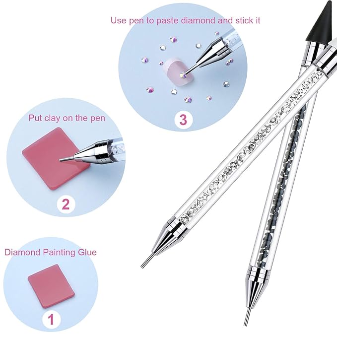 2 Pieces Rhinestone Picker Dotting Pen, Dual-ended Rhinestone Gems Crystals Studs Picker Wax Pencil Pen Crystal Beads Handle Manicure Nail Art DIY Decoration Tool (Black White)